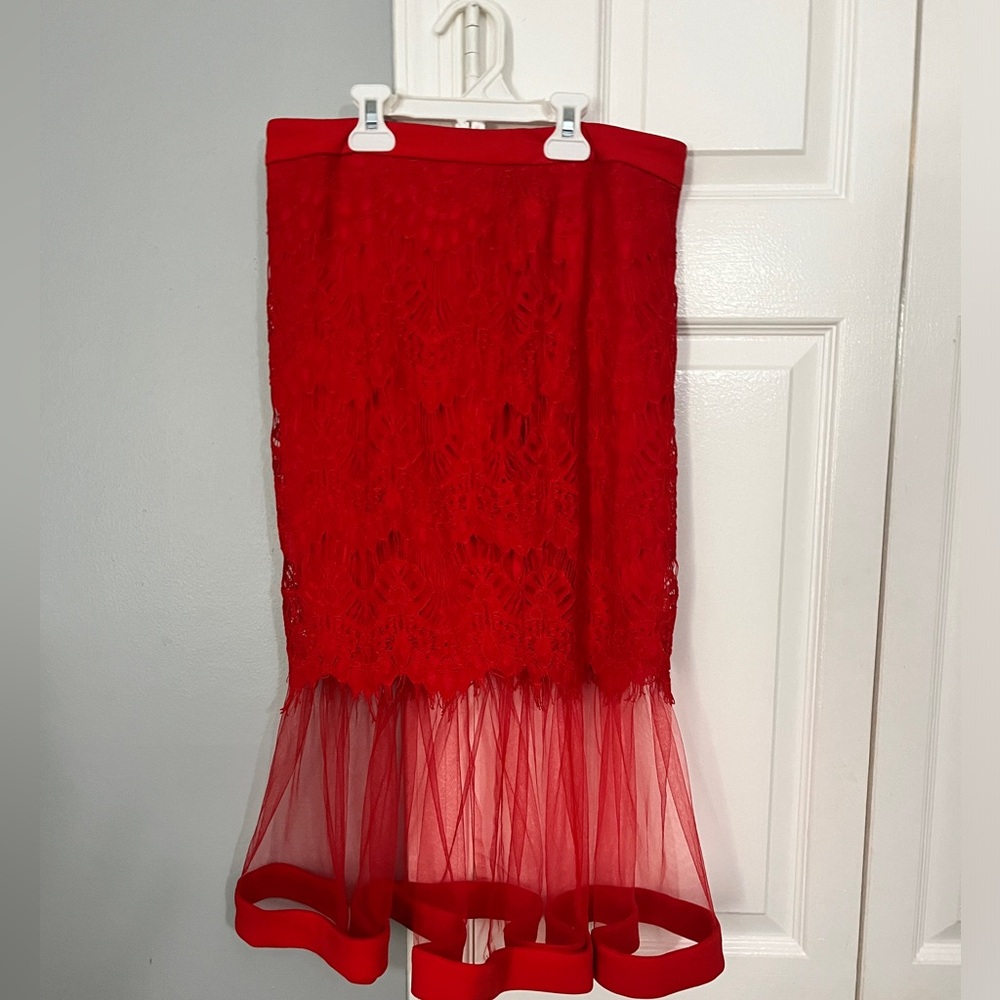 Fashion Nova Red Lace Midi Skirt with Tulle Hem